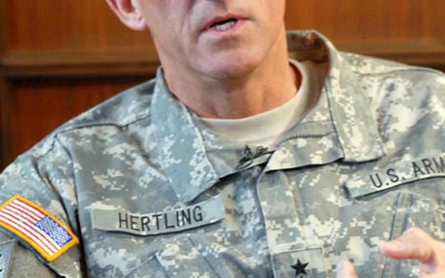 Maj. Gen. Mark P. Hertling, operations chief and deputy chief of staff for U.S. Army Europe, talks about Army transformation in Europe during an interview with Stars and Stripes in his office on Campbell Barracks in Heidelberg, Germany.