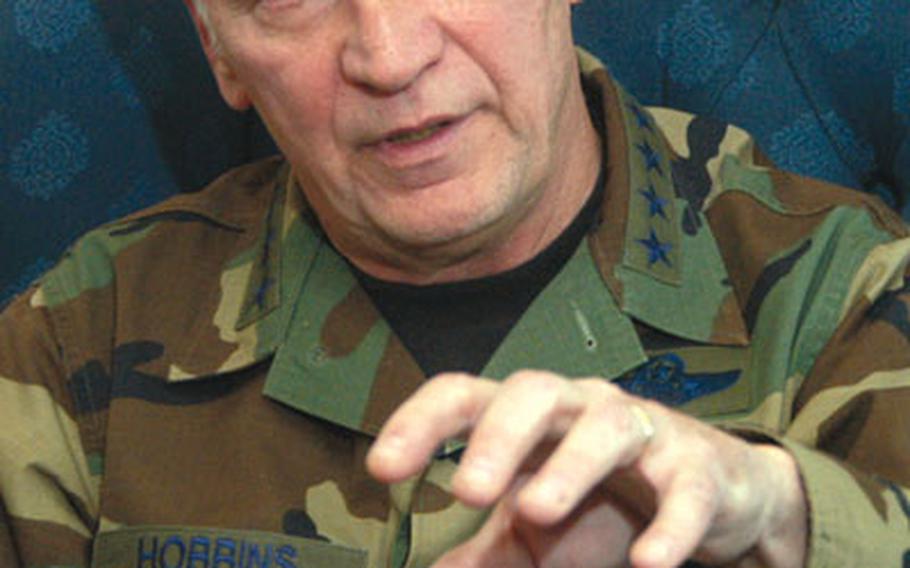 United States Air Forces in Europe commander Gen. Tom Hobbins, during an interview with Stars and Stripes in his office at Ramstein Air Base, Germany.