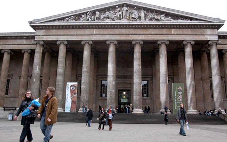The imposing facade of the British Museum in London, home to extensive displays from ancient cultures around the world.
