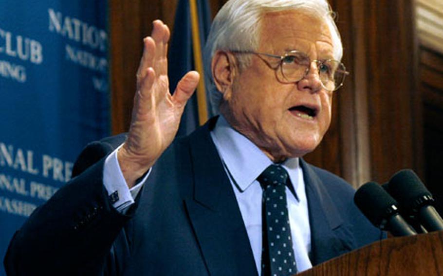 Sen. Edward M. Kennedy (D-Mass.) speaks at the National Press Club in Washington on Tuesday.