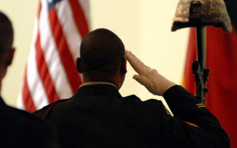 A final salute is made for Spc. Andrew P. Daul following the memorial ceremony for the 1st Battalion, 37th Armor Regimet soldier, who was killed in Iraq on Dec. 19, 2006.
