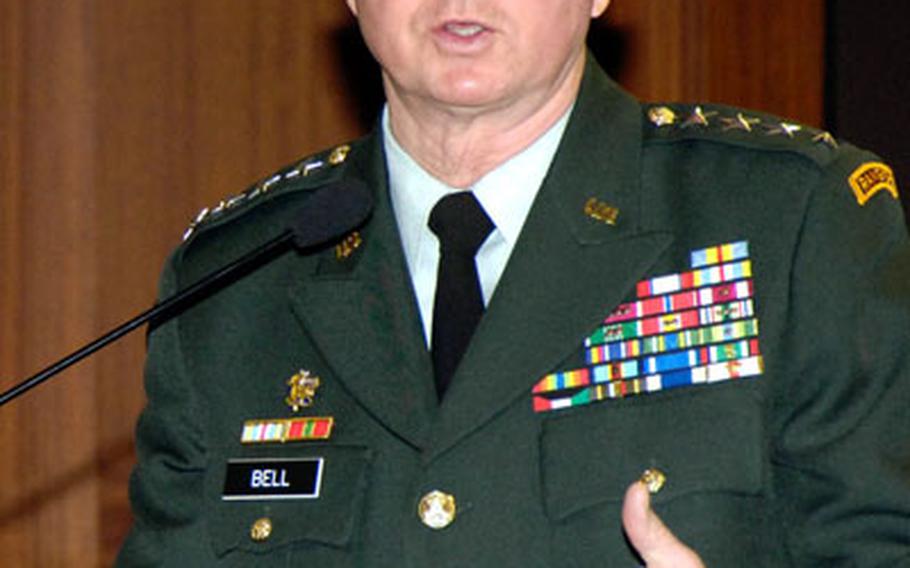 Gen. B.B. Bell answers questions during a press conference at Yongsan Garrison Tuesday morning.