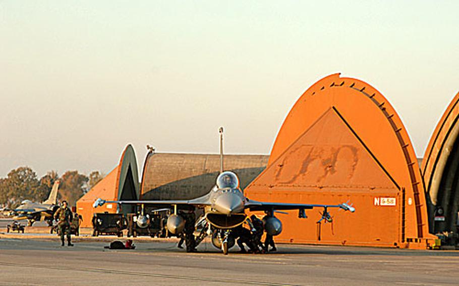 Maintainers from the 52nd Aircraft Maintenance Squadron from Spangdahlem Air Base in Germany attend to a F-16CJ Fighting Falcon after it landed at Incirlik Air Base, Turkey, last week(Jan. 8). The 22nd Fighter Squadron deployed here as part of a rotational squadron deployment.