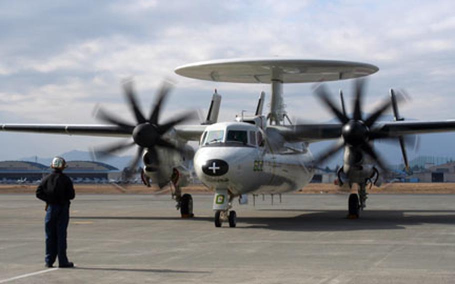 A newly upgraded E-2C Hawkeye from Carrier Airborne Early Warning Squadron 115 after its first Friday with a newly-upgraded propeller system.