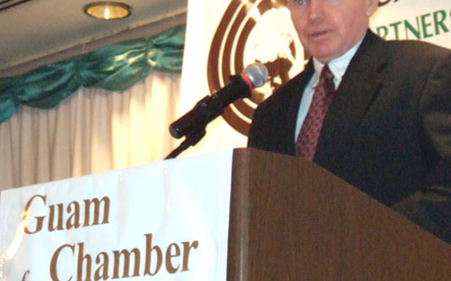 Retired Marine Corps Maj. Gen. David Bice, executive director of the Joint Guam Program Office, speaks to the Guam Chamber of Commerce on Friday. His office will oversee the relocation of 8,000 Marines to Guam.