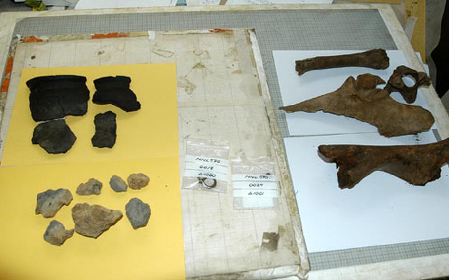 A collection of artifacts discovered during an excavation of a site where a British developer is building American-style homes adjacent to RAF Mildenhall. On top left, pottery. On bottom left, building material for a home. On right, cattle bones. In the two bags in the middle is a medieval belt buckle and a Roman coin.