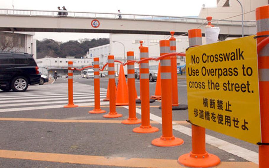 The heavily-trafficked crosswalk between Yokosuka Naval Base&#39;s waterfront and the Fleet Recreation Center was closed this week; officials cited safety issues.