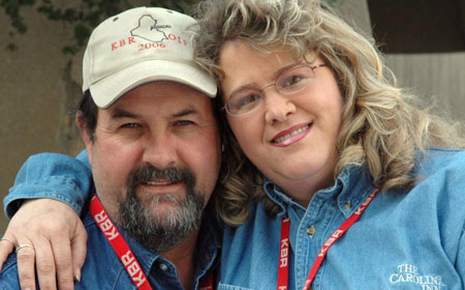 Michele Sharpley, FOB Loyalty Morale, Welfare and Recreation technician, relaxes with her husband, Bobby Ray Sharpley, who also works for KBR and is stationed at Camp Liberty in Baghdad.