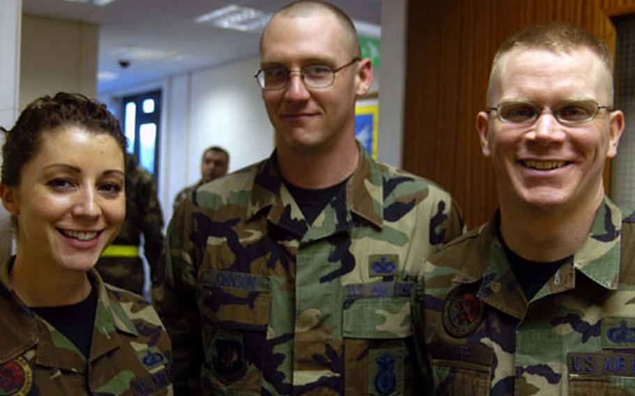 The airmen in charge of the RAF Croughton Airmen Against Drunk Driving chapter, from left, are Staff Sgt. Sophia Vargas, secretary, vice president Staff Sgt. Kyle Johnson and program president Staff Sgt. Scott Baker.