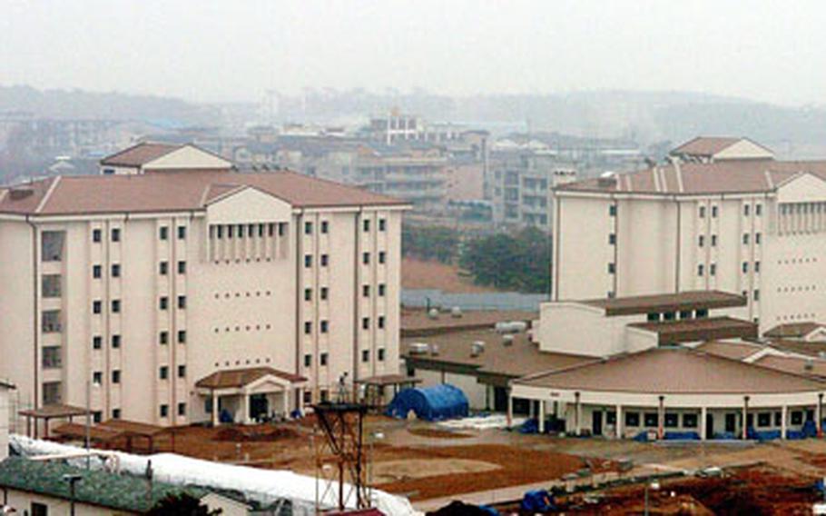Most U.S. Forces Korea buildings, like this twin six-story barracks-dining hall complex at Camp Humphreys, should fare well if earthquakes follow historical trends, according to officials from the Army Corps of Engineers’ Far East Division.