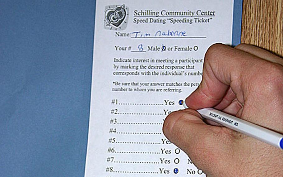 Tim Nabonne, 19, an Air Force dependent, tallies a yes for another woman he would be interesting in exchanging contact information with at Kadena's Schilling Community Center speed dating event Saturday night. Participants were not supposed to exchange contact that night and event organizers only passed on e-mail addresses if both participants marked a yes. Nabonne was confident of his appeal and said, "I've been putting on the charm. If that doesn't work, I'll just make her laugh."