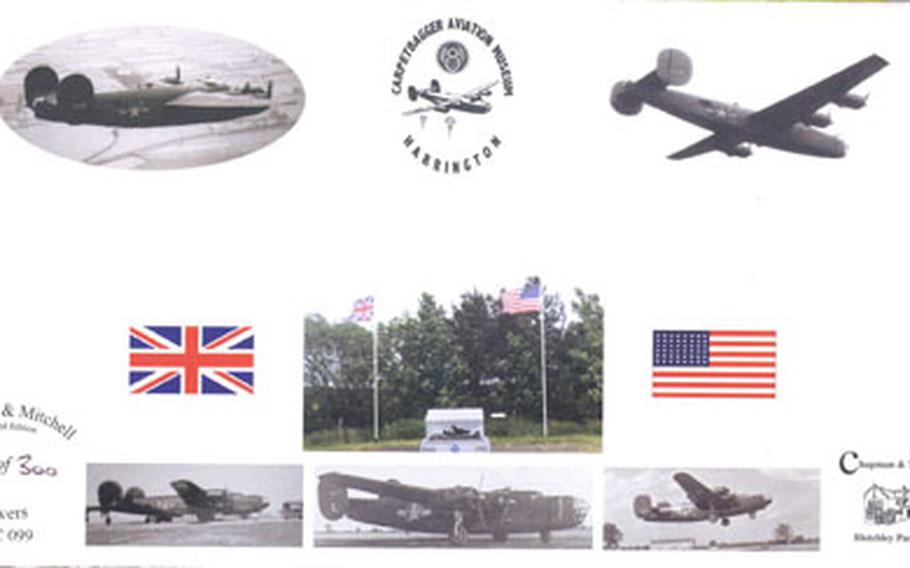 The reverse side of a commemorative postal cover recognizing the U.S. Army Air Force’s 801st/492nd Bomb Group, known as The Carpetbaggers. The collectible covers featuring new Royal Mail stamps on the front, will be sold to raise money to help preserve World War II history.