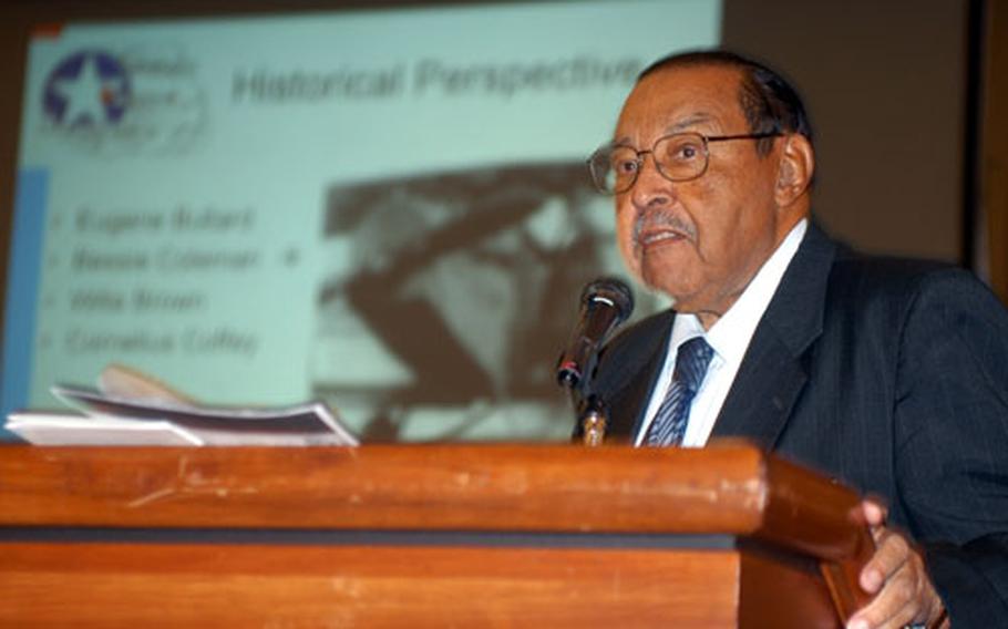 Tuskegee Airman Bob Maxwell talks about his experiences as a member of the first group of black military pilots trained for combat during World War II. He was the keynote speaker Wednesday night at Misawa Air Base's Black History Month banquet.