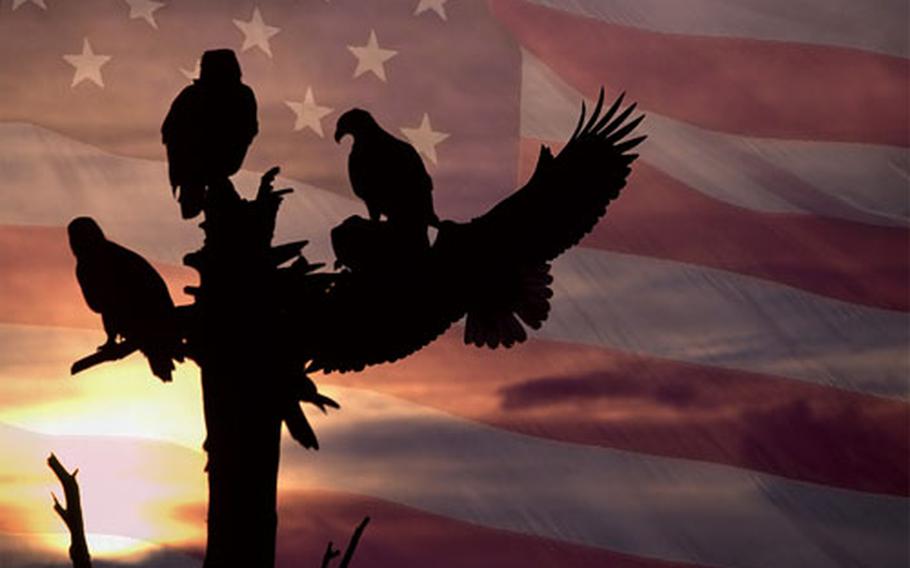 James O'Rear shot this image of eagles resting on a branch on Kachemak Bay in Alaska early one February morning during a break in a nasty winter storm. The flag was from O'Rear's library of images. He created the illustration, overlaying the photos and manipulating the flag image, using Photoshop.