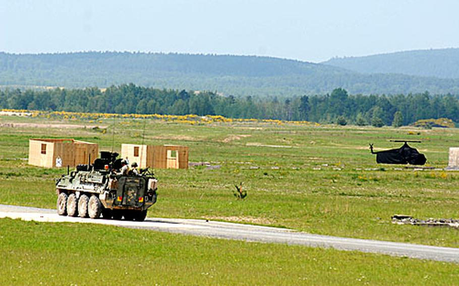 A Stryker armored personnel carrier moves into position to help rescue the crew of a "downed helicopter."