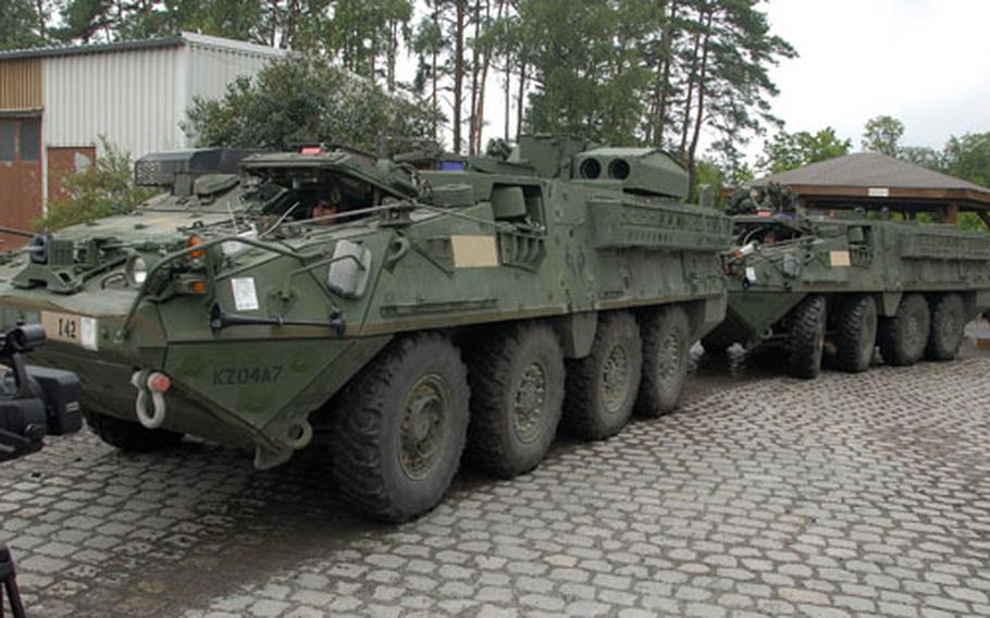 Iraq-bound 2nd Cavalry Regiment Stryker armored personnel carriers prepare to load onto trains at Grafenwöhr. The unit, which arrived in Germany last July, is headed to Iraq.
