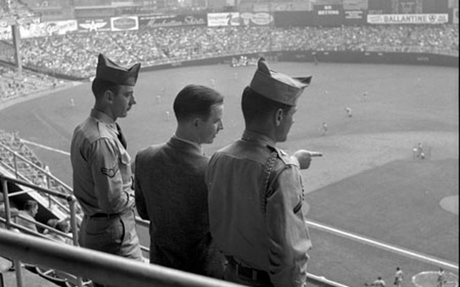 European service baseball MVPs Ray Rosenbaum and George Morgan in New York for the World Series, 1955.