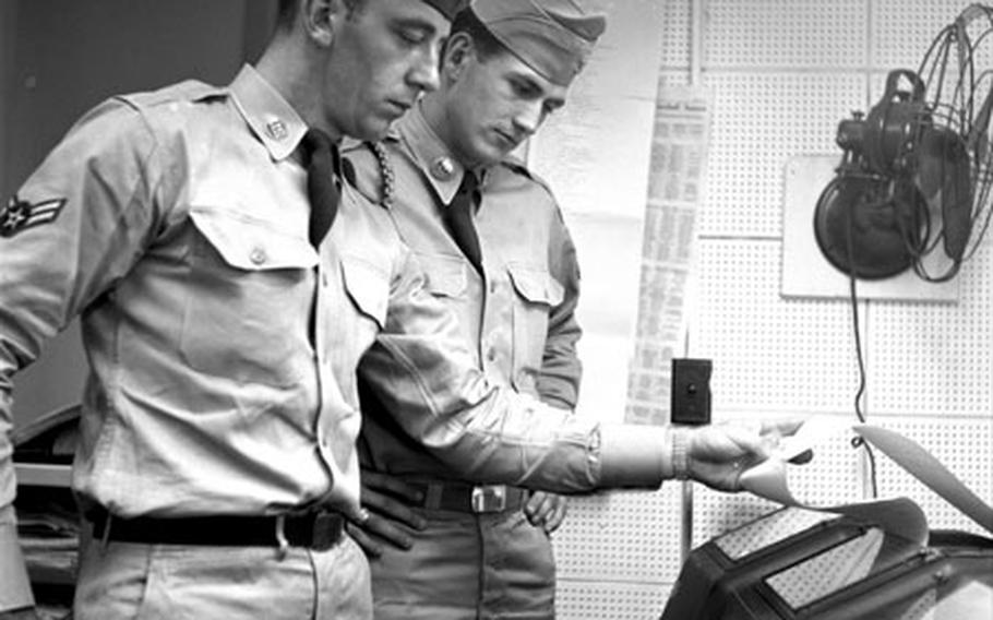 European service baseball MVPs Ray Rosenbaum and George Morgan in New York for the World Series, 1955.