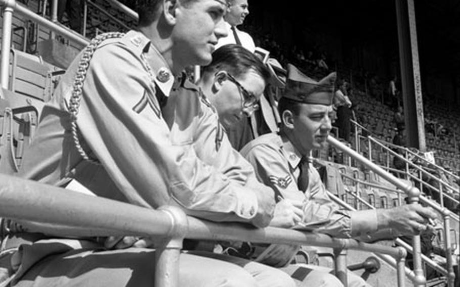 European service baseball MVPs Ray Rosenbaum and George Morgan in New York for the World Series, 1955.