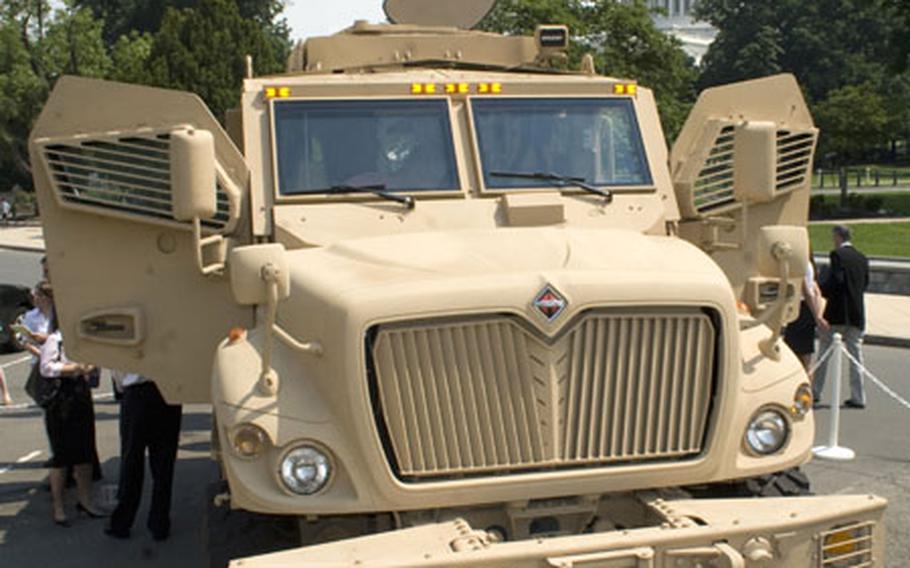 International's MaxxPro Mine Resistant Ambush Protected vehicle is displayed on Capitol Hill Thursday.
