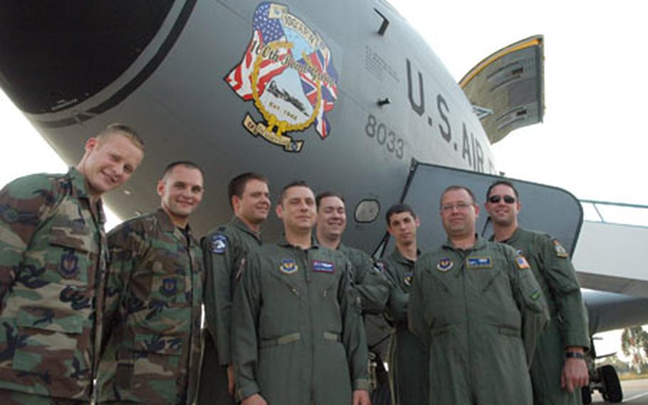 Since the onset of the wars in Iraq and Afghanistan, 100th Air Refueling Wing crews like this one out of RAF Mildenhall, England, have seen a rise in missions where they're not refueling other aircraft thousands of feet in the air. Last week, this crew transported troops, cargo and blood to Kosovo and Romania over three days. They are, from left: Airman 1st Class Brett Nelson, Airman 1st Class Lucas Kaltur, Capt. Cameron Donough, Tech Sgt. Mike Soper, Capt. Chad Erickson, Senior Airman Mike Miranda, Staff Sgt. William Smith and Capt. Lewis DeMasso.