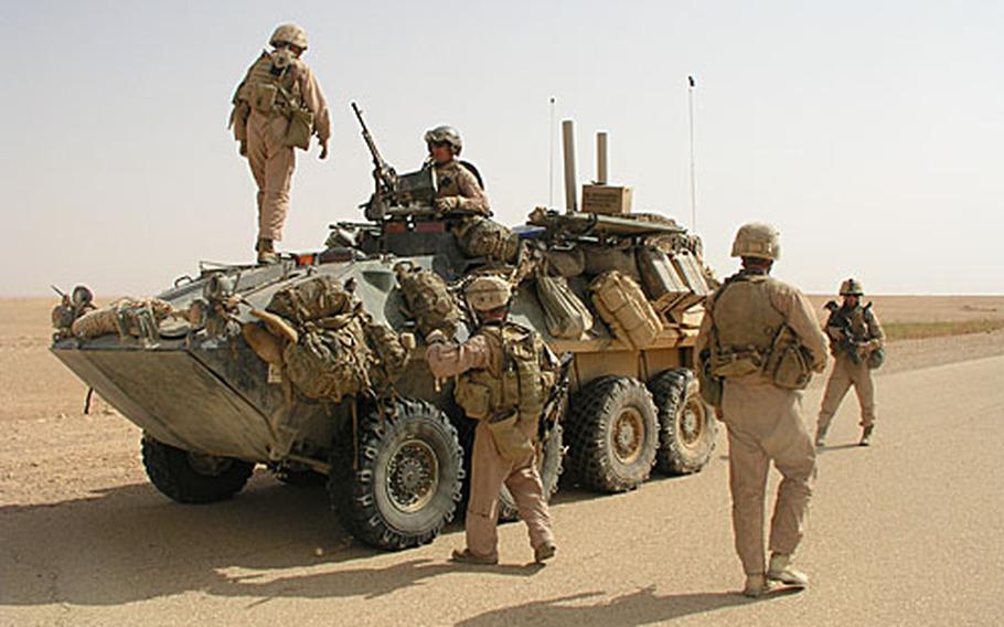 U.S. Marines return to their light armored vehicle after flagging down and searching a white pickup truck during a hunt for insurgents and oil pirates in the desert northeast of Rutbah, Iraq. These Marines are with 3rd Platoon, Company C, 1st Light Armored Reconnaissance Battalion.