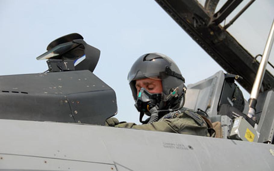 Capt. Jason Mascetta of the 555th Fighter Squadron prepares for takeoff Thursday at Kunsan Air Base, South Korea. Mascetta is one of approximately 300 airmen from the Italy-based squadron who are spending four months training in South Korea.