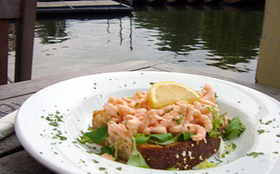 The Anchor offers fresh takes on English food, like this prawn-and-mayonnaise sandwich, served open-faced on a huge piece of pillowy soft bread.