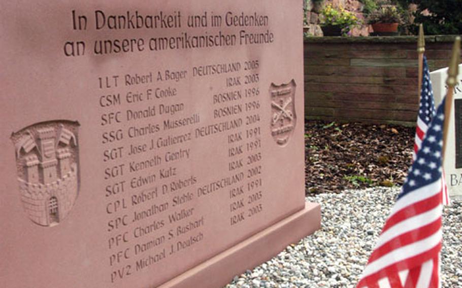 In the town cemetery in Büdingen, Germany, is an area set aside for several monuments or tributes to fallen U.S. soldiers. This monument memorializes 1st Squadron, 1st Cavalry Regiment soldiers who have died since the Balkan wars of the mid-1990s. Seven of the soldiers listed died in Iraq.