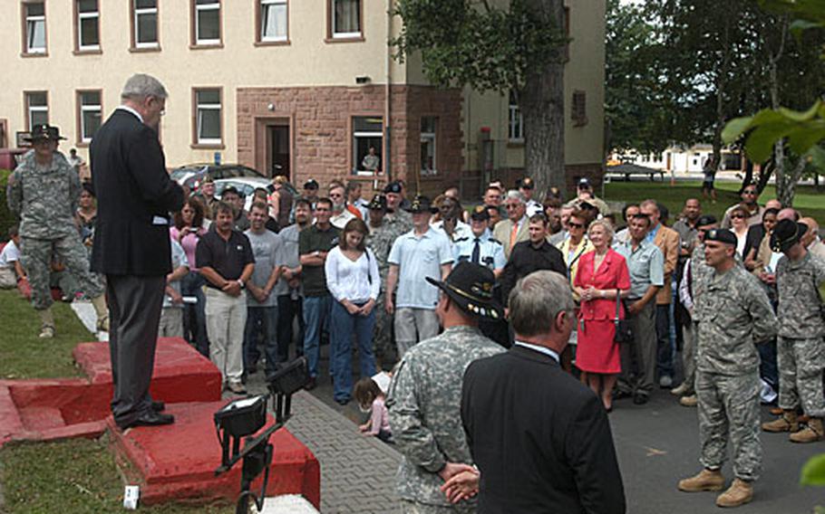 Jules August Schröder witnessed the arrival of American forces in Büdingen, Germany, in April 1945, as well their departure Wednesday from Armstrong Barracks. Before the U.S. flag was lowered for the final time, Schröder recounted for those people gathered what he has witnessed over the past 60 years.