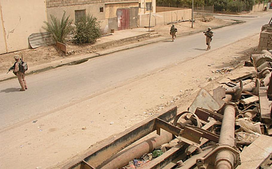 During a routine patrol earlier this month in Iraq’s western Anbar province, Marines of 3rd Platoon, Company D, 1st Light Armored Reconnaissance Battalion, make their way through the streets of Rawah, a city on the Euphrates River.