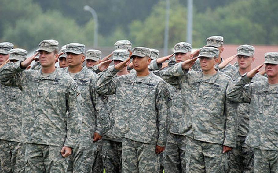 Members of Team Blackhawk parade at a ceremony at Hohenfels to welcome them back from Afghanistan on Tuesday.