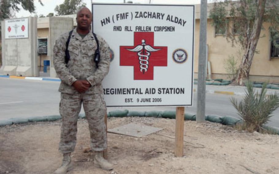 Navy Senior Chief Hospital Corpsman Terry Anderson, 41, of Beaumont, Texas, the senior enlisted leader responsible for all Navy hospital corpsmen in western Anbar province, Iraq, outside the Regimental Combat Team-2 aid station