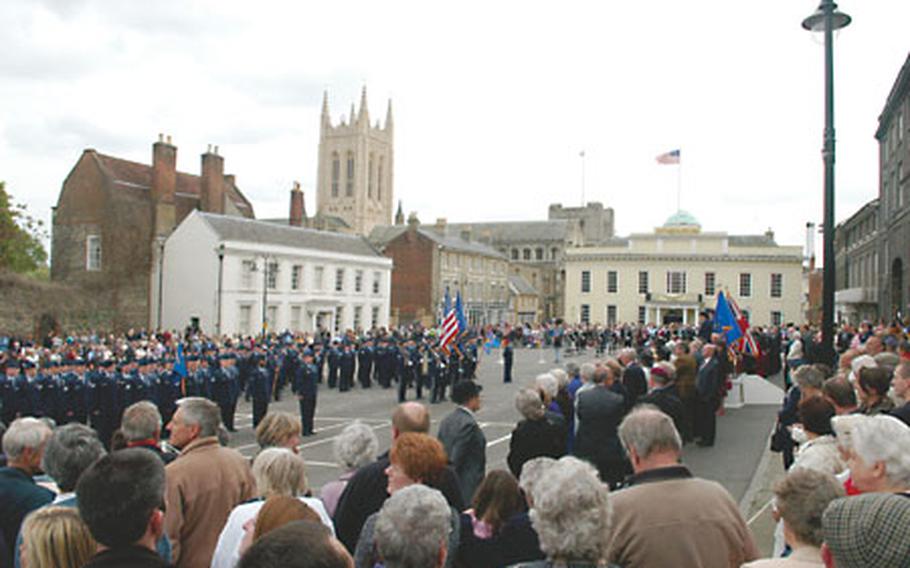 Units from area U.S. Air Force units march into the Bury St. Edmunds town center during the America 400 festival in May. The celebration honored Bury’s connection to the founding of Jamestown, Va., in 1607. Local residents say relations between the U.S. and England won’t be affected by last week’s friendly-fire incident in which an F-15 from RAF Lakenheath dropped a bomb in Afghanistan that killed three British troops.