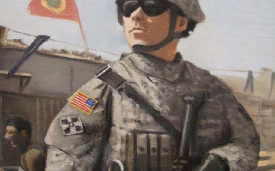 A soldier keeps watch in this painting by Spc. John Lenaghan.