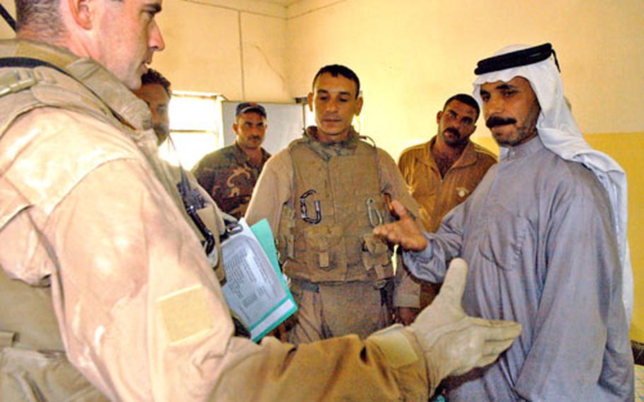 A handshake with a local sheik in the village of Subayht starts the morning for Lt. Todd Richardson, of 3rd Battalion, 3rd Marines. Now on his third deployment to Iraq, Richardson said he’s very happy with work in civil affairs rather than fighting. “This is how we are going to win the war,” Richardson said. “We may kill every insurgent but if we don’t do anything positive, or anything good, then eventually, we’re going to lose.”