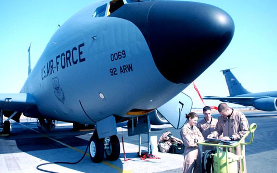 A KC-135 crew goes over some pre-flight discussions before preparing the aircraft for flight. The mission at Manas Air Base is critical to refueling fighter jets over the skies of Afghanistan.