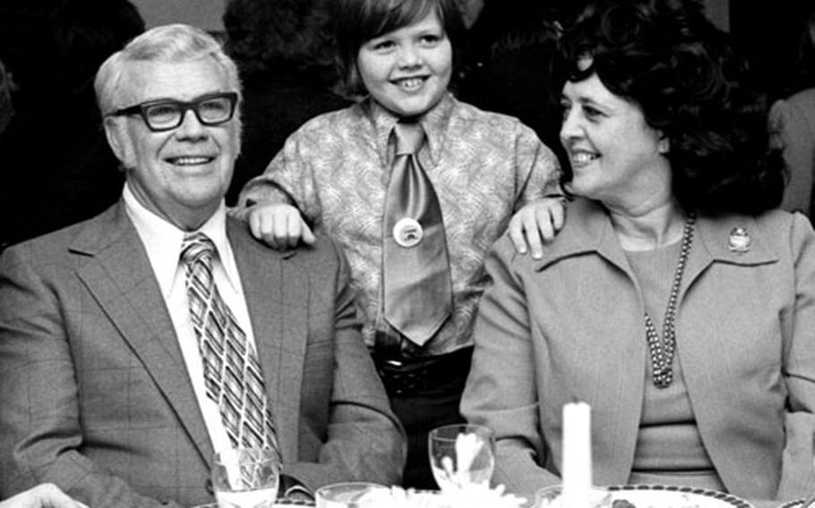 George and Olive Osmond with their 10-year-old son Jimmy at Bremen, Germany, in 1972.