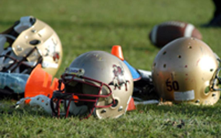 Helmets belonging to players of the Ipswich Cardinals, a semi-pro football team currently looking for more American players and coaches for its 2008 season.