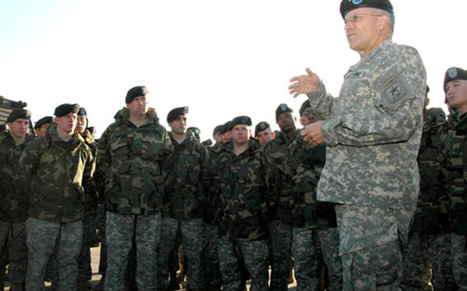 Gen. George Casey, chief of staff of the Army, talks Friday afternoon with soldiers in the 6th Battalion, 37th Field Artillery Regiment at Camp Casey in Dongducheon, South Korea.