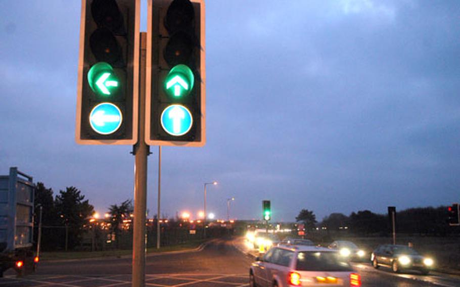 Complaints regarding Lakenheath's Gate 1 intersection, shown here, include base personnel turning unlawfully, running red lights and blocking traffic by stopping in the middle of the intersection. Base personnel have been caught taking an illegal left turn in the ahead-only lane, cutting off other vehicles entering the base in the left-only lane.