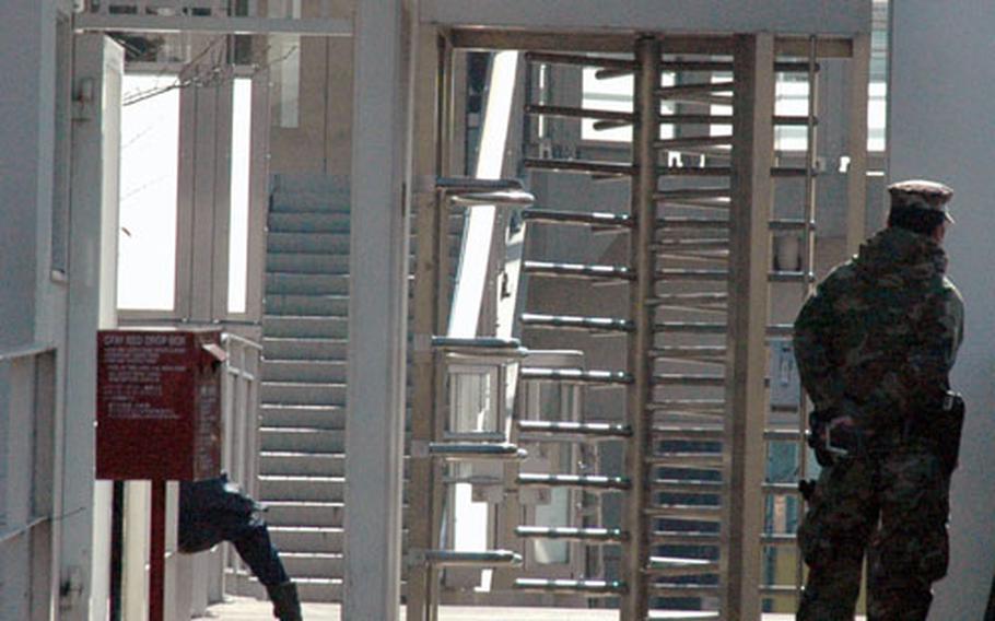 Yokosuka Naval Base is scheduled to install two Smart Gate Systems at pedestrian entry points, one behind the Daiei Mall and the other on the overpass at the main gate.