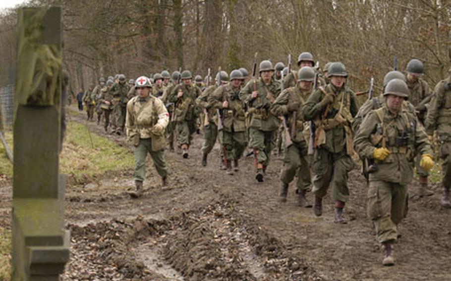 The annual hike honoring the Battle of the Bulge, seen here last February, takes participants down roads and trails actually used by U.S. soldiers.