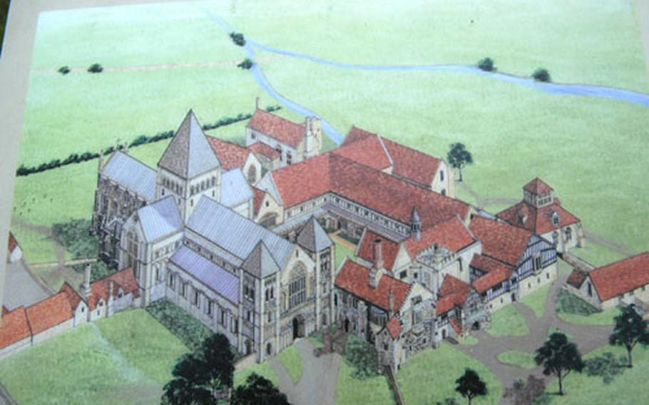 A marker near the priory remains shows what the compound looked like in its heyday.