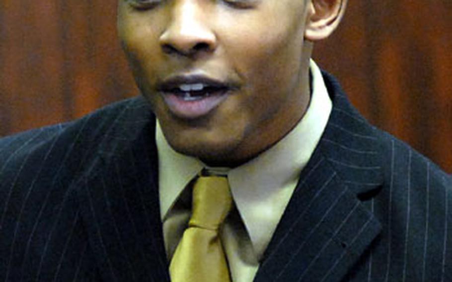 "Prosecutor" Romonno Washington, a "lawyer" for the prosecution, cross-examines the defendant.