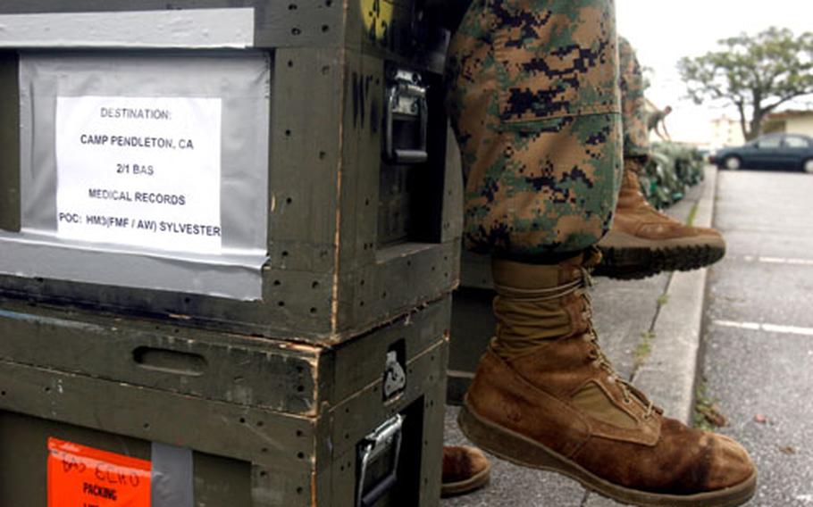 Next stop, Camp Pendleton, Calif., according to the boxes of medical records stacked up at Camp Hansen, Okinawa, on Wednesday.