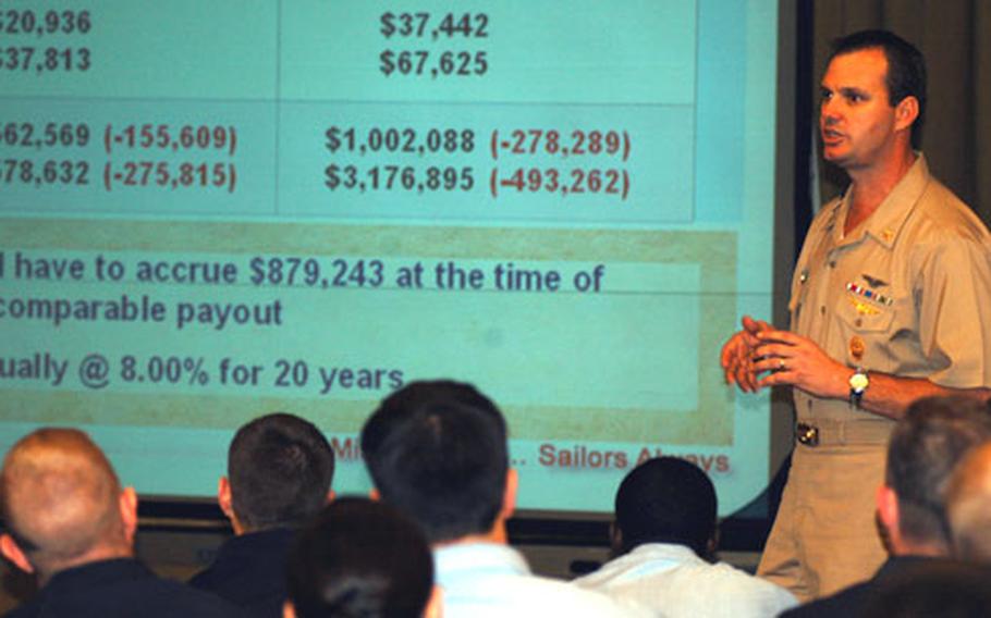 Command Master Chief Kenneth Ellenburg leads the Navy Personnel Command’s Career Management Symposium for sailors at Naval Air Facility Misawa on Thursday. The symposium, held in conjunction with a visit from Navy Personnel Command detailers, was held to inform sailors of current job trends.