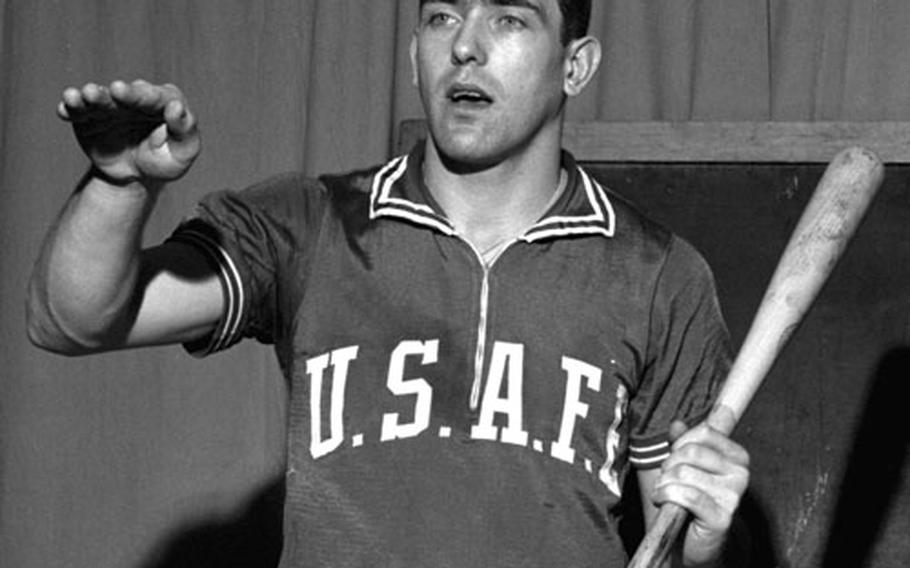 Curt Blefary of the Baltimore Orioles, the 1965 American League Rookie of the Year, at work during the USAFE clinic at Wiesbaden.