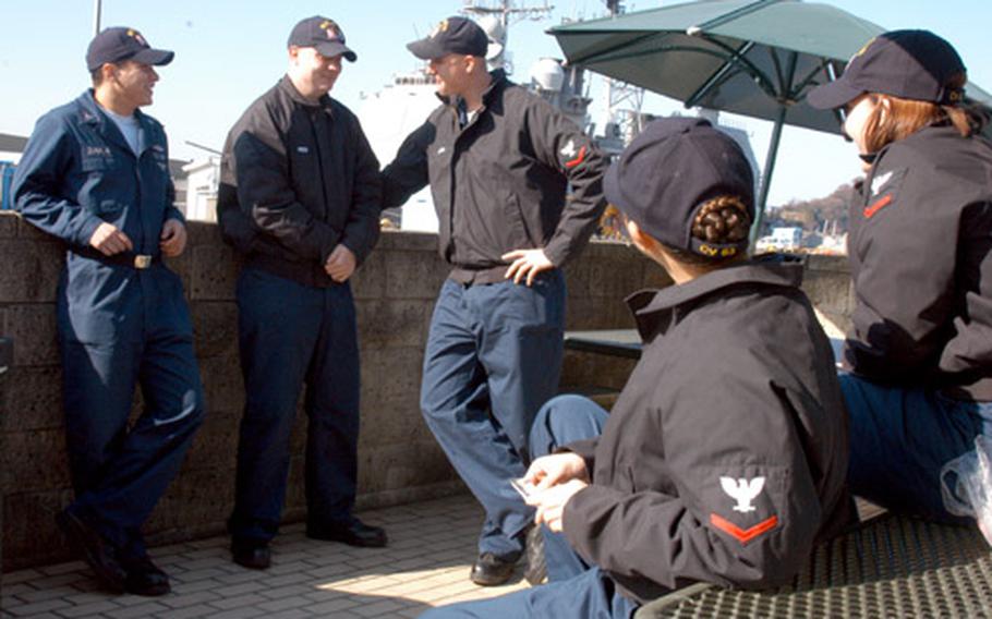 A recent change in CTF-70 policy means sailors such as USS Kitty Hawk 3rd class petty officers, from left, Aaron Zuniga, Matthew Reed, Billy Fuson, Kaylah Stubbs and Dominique Martin no longer have to fill out individual liberty plans detailing their off-ship whereabouts and activities.