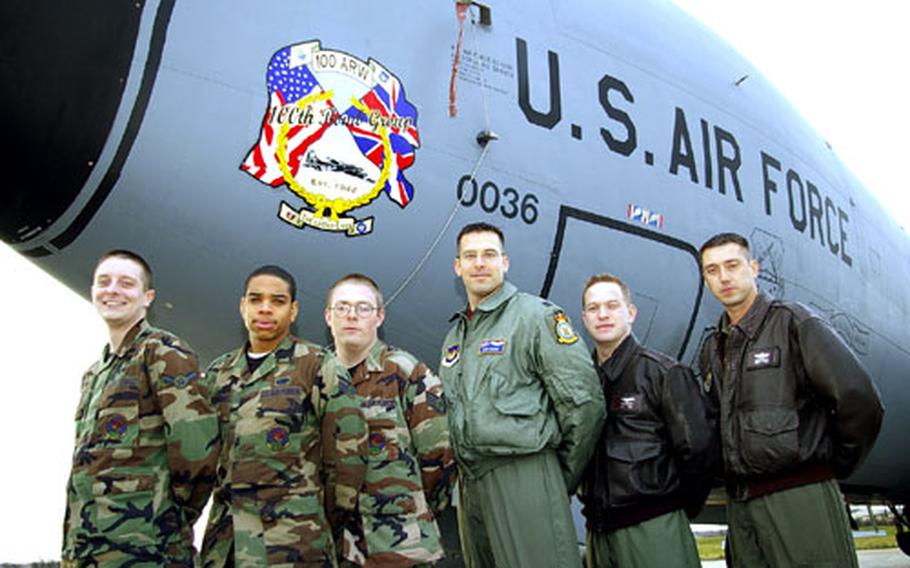 A KC-135 crew from RAF Mildenhall made a quick mission to Africa this month to rescue an ill U.S. soldier in Monrovia, Liberia. From left to right, Airman 1st Class Carl Flint, Airman 1st Class Joshua Wainwright, Staff Sgt. Robert LeFors, Capt. Dave Garon, Capt. Greg Miller and Tech. Sgt. Jason Resler.